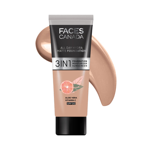 FACES CANADA All Day Hydra Matte Foundation (Mini) | 3IN1 Foundation + Moisturizer + SPF30 | 10HR Long Wear | Buildable Coverage | Warm Natural 15 ml