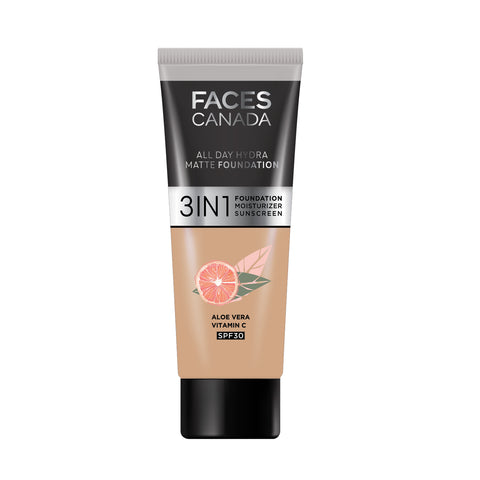 FACES CANADA All Day Hydra Matte Foundation (Mini) | 3IN1 Foundation + Moisturizer + SPF30 | 10HR Long Wear | Buildable Coverage | Medium Natural 15 ml