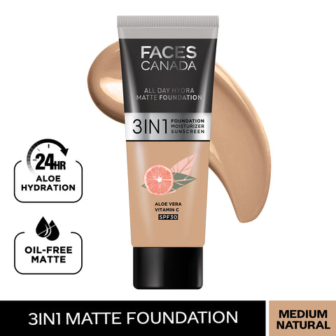 FACES CANADA All Day Hydra Matte Foundation (Mini) | 3IN1 Foundation + Moisturizer + SPF30 | 10HR Long Wear | Buildable Coverage | Medium Natural 15 ml