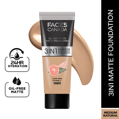 FACES CANADA All Day Hydra Matte Foundation (Mini) | 3IN1 Foundation + Moisturizer + SPF30 | 10HR Long Wear | Buildable Coverage | Medium Natural 15 ml