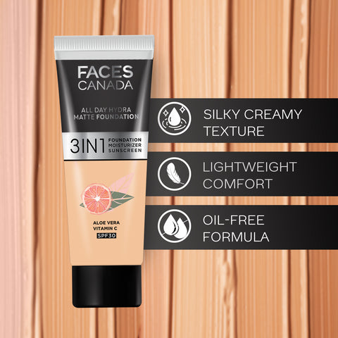 FACES CANADA All Day Hydra Matte Foundation (Mini) | 3IN1 Foundation + Moisturizer + SPF30 | 10HR Long Wear | Buildable Coverage | Medium Natural 15 ml