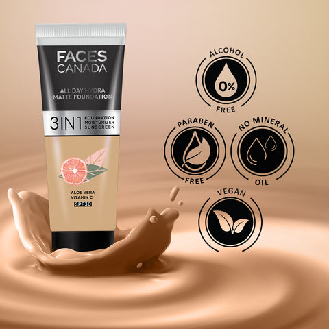 FACES CANADA All Day Hydra Matte Foundation (Mini) | 3IN1 Foundation + Moisturizer + SPF30 | 10HR Long Wear | Buildable Coverage | Medium Natural 15 ml
