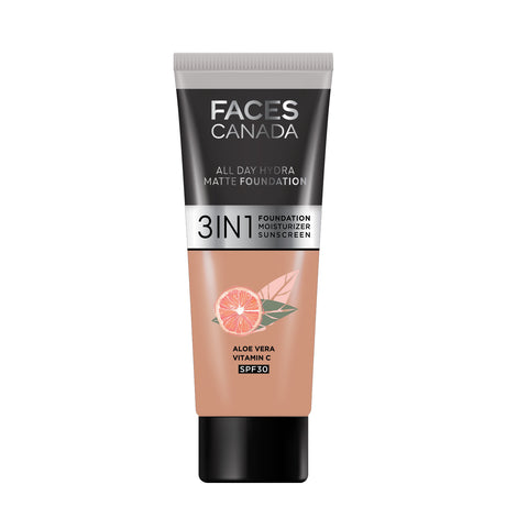 FACES CANADA All Day Hydra Matte Foundation (Mini) | 3IN1 Foundation + Moisturizer + SPF30 | 10HR Long Wear | Buildable Coverage | Caramel Natural 15 ml