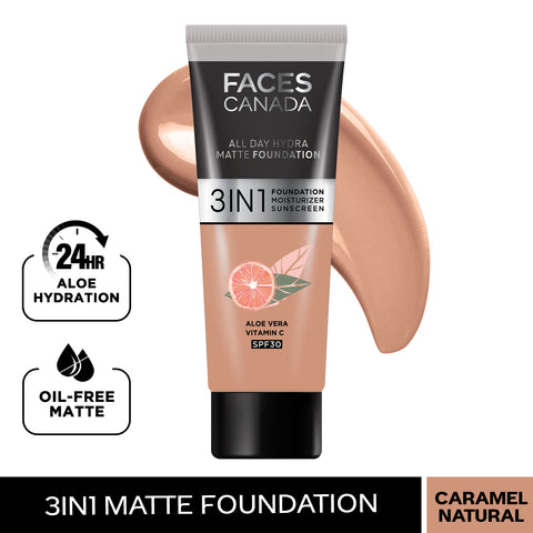 FACES CANADA All Day Hydra Matte Foundation (Mini) | 3IN1 Foundation + Moisturizer + SPF30 | 10HR Long Wear | Buildable Coverage | Caramel Natural 15 ml