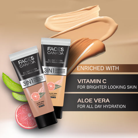 FACES CANADA All Day Hydra Matte Foundation (Mini) | 3IN1 Foundation + Moisturizer + SPF30 | 10HR Long Wear | Buildable Coverage | Caramel Natural 15 ml