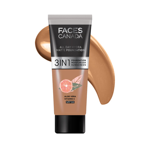 FACES CANADA All Day Hydra Matte Foundation (Mini) | 3IN1 Foundation + Moisturizer + SPF30 | 10HR Long Wear | Buildable Coverage | Warm Sand 15 ml