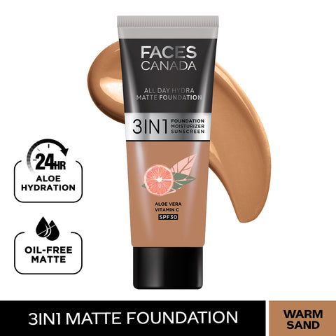 FACES CANADA All Day Hydra Matte Foundation (Mini) | 3IN1 Foundation + Moisturizer + SPF30 | 10HR Long Wear | Buildable Coverage | Warm Sand 15 ml
