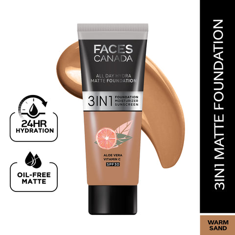 FACES CANADA All Day Hydra Matte Foundation (Mini) | 3IN1 Foundation + Moisturizer + SPF30 | 10HR Long Wear | Buildable Coverage | Warm Sand 15 ml