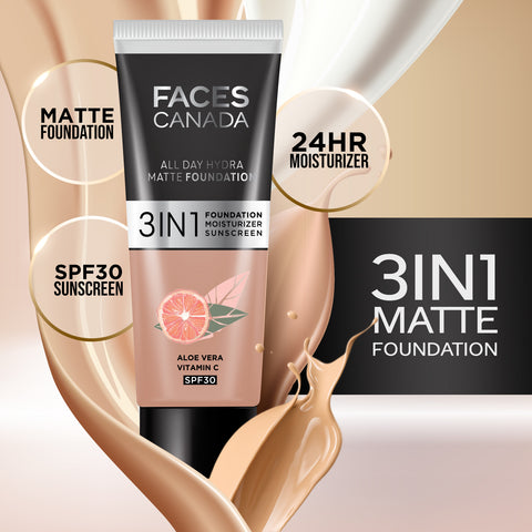 FACES CANADA All Day Hydra Matte Foundation (Mini) | 3IN1 Foundation + Moisturizer + SPF30 | 10HR Long Wear | Buildable Coverage | Warm Sand 15 ml
