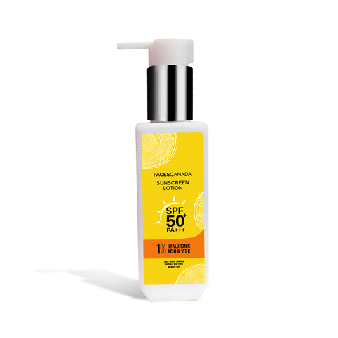 FACES CANADA Sunscreen Lotion, 100 ml | SPF 50 PA+++ | Protects From UVA & UVB Rays | 1% Hyaluronic Acid & Vitamin C | Lightweight | No White Cast | Natural Radiant Glow| No Alcohol | No Parabens