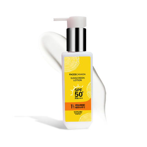 FACES CANADA Sunscreen Lotion, 100 ml | SPF 50 PA+++ | Protects From UVA & UVB Rays | 1% Hyaluronic Acid & Vitamin C | Lightweight | No White Cast | Natural Radiant Glow| No Alcohol | No Parabens