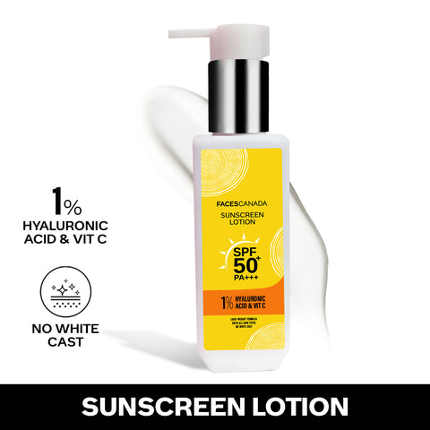 FACES CANADA Sunscreen Lotion, 100 ml | SPF 50 PA+++ | Protects From UVA & UVB Rays | 1% Hyaluronic Acid & Vitamin C | Lightweight | No White Cast | Natural Radiant Glow| No Alcohol | No Parabens