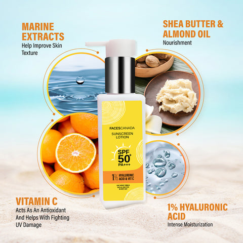 FACES CANADA Sunscreen Lotion, 100 ml | SPF 50 PA+++ | Protects From UVA & UVB Rays | 1% Hyaluronic Acid & Vitamin C | Lightweight | No White Cast | Natural Radiant Glow| No Alcohol | No Parabens