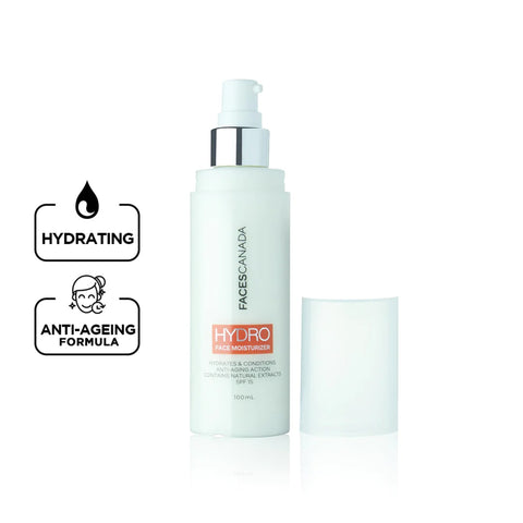FACES CANADA Hydro Face Moisturiser, 100 ml | Naturally Hydrating Moisturiser With SPF 15 | Anti Ageing | For Dry & Sensitive Skin | Evens Skin Tone | Masks Imperfections | Natural Ingredients