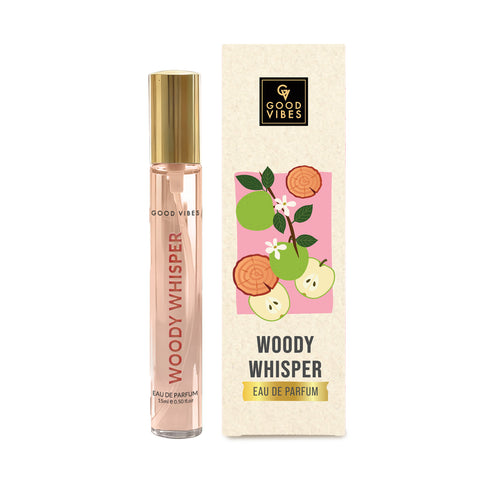 Good Vibes Woody Whisper Eau De Parfum for Women | Long-Lasting Woody Fresh Fragrance | Green Apple Vanilla & Cedarwood Notes | Uplifting Warm & Elegant Perfume | Premium Skin-Safe Travel-Friendly Pocket Perfume for Women & Girls – 15 ml