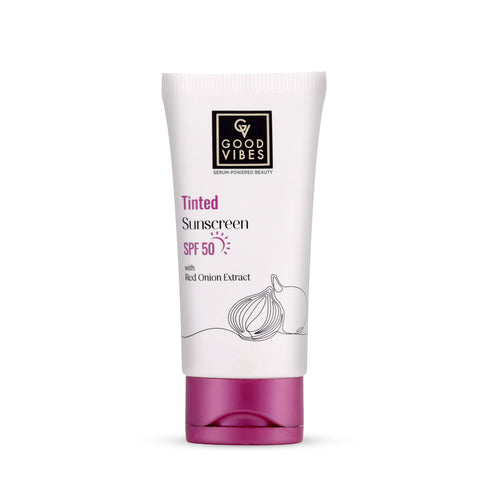 Good Vibes Red Onion Tinted Sunscreen SPF 50 | PA++++ | 5% Red onion Extract | Natural Shield | Glass Skin Effect | UV A & UV B Protection | Blue Light Protection | Sun Cream | Sunblock Sunscreen (50 gm)