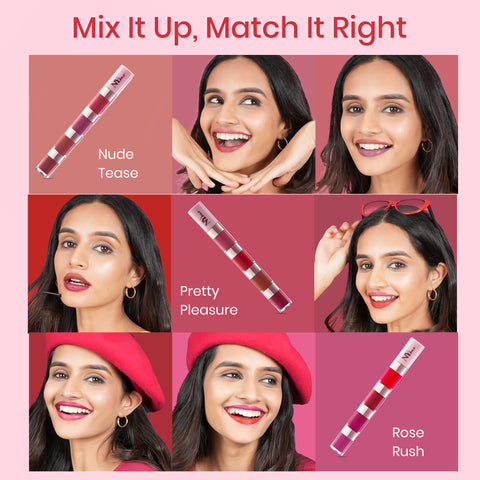 NY Bae 4 IN 1 Lip Play Liquid Lipstick - Rose Rush (4 ml) | Matte Lips | Super Pigmented | Multi-Use | Maroon & Red Shades | Travel Kit