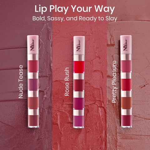 NY Bae 4 IN 1 Lip Play Liquid Lipstick - Rose Rush (4 ml) | Matte Lips | Super Pigmented | Multi-Use | Maroon & Red Shades | Travel Kit