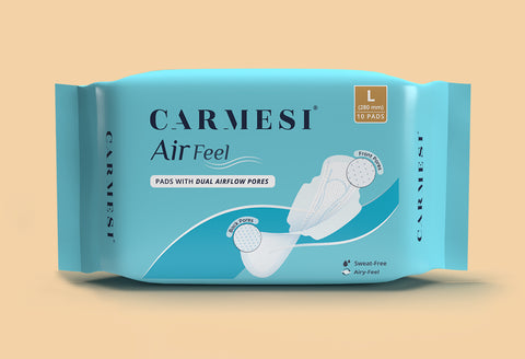Carmesi Air Feel | Pads with Dual Airflow Pores | Keep You Dry, Sweat-Free, & Comfy | Soft & Ultra-Thin | Super-Absorbent Core | Non-Toxic | Pack of 10 - L