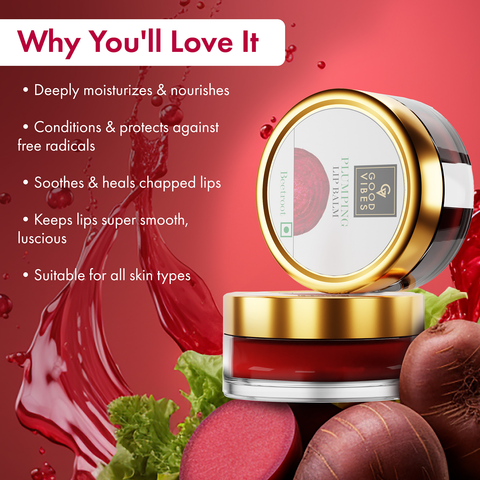 Good Vibes Beetroot Plumping Lip Balm |New & Improved| SPF | Reduces Pigmentation, Perfectly Tinted Lips | Hydrating & Nourishing Care | With Sweet Almond & Olive Oils (5.5 gm)