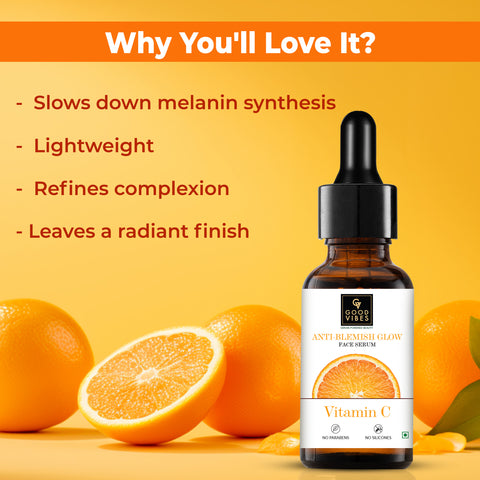 Good Vibes Anti-Blemish Glow Vitamin C Face Serum | Free 50% Product Extra | Brightens skin, Light, Non- Sticky |15 ml