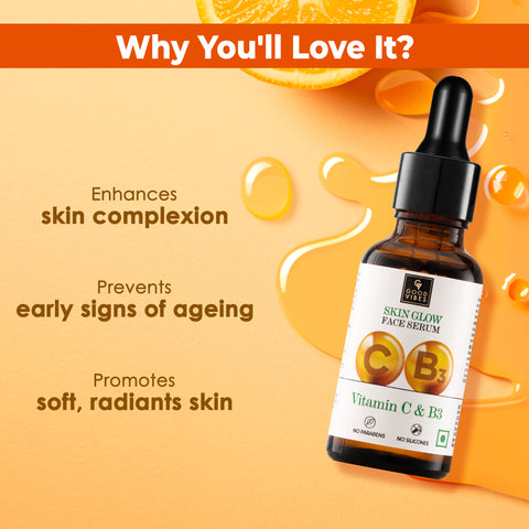 Good Vibes Vitamin C & B3 Skin Glow Face Serum | Free 50% Product Extra| With Orange | Easy Absorption | No Parabens, No Silicones, No Sulphates, No Animal Testing (15 ml)