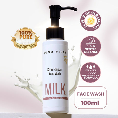 Good Vibes Skin Repair Milk Facewash 100 ml | with 100% Pure raw goat milk | Power of Ceramides | 40 seconds to soft and supple skin | Cleanser for Oily Skin, Dry Skin, Normal Skin & Sensitive Skin