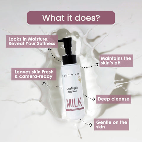 Good Vibes Skin Repair Milk Facewash 100 ml | with 100% Pure raw goat milk | Power of Ceramides | 40 seconds to soft and supple skin | Cleanser for Oily Skin, Dry Skin, Normal Skin & Sensitive Skin