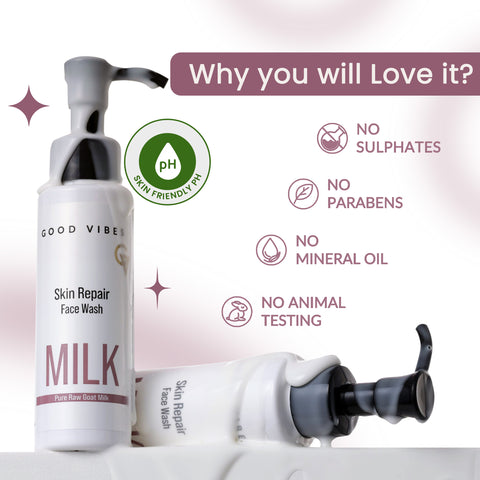 Good Vibes Skin Repair Milk Facewash 100 ml | with 100% Pure raw goat milk | Power of Ceramides | 40 seconds to soft and supple skin | Cleanser for Oily Skin, Dry Skin, Normal Skin & Sensitive Skin