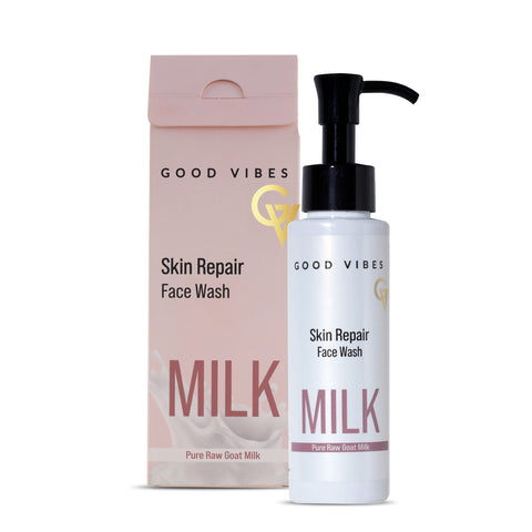 Good Vibes Skin Repair Milk Facewash 100 ml | with 100% Pure raw goat milk | Power of Ceramides | 40 seconds to soft and supple skin | Cleanser for Oily Skin, Dry Skin, Normal Skin & Sensitive Skin
