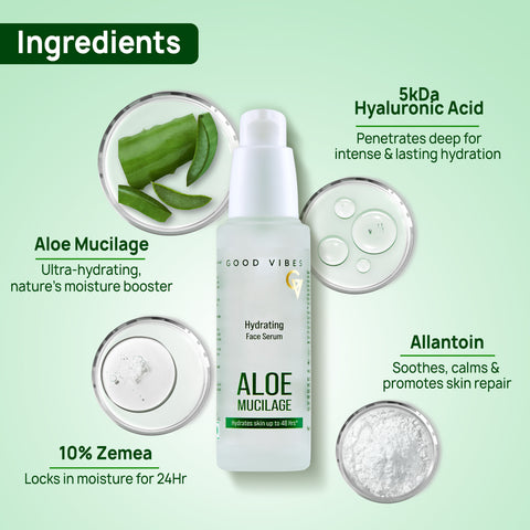 Good Vibes Aloe Mucilage Hydrating Serum | 48-Hour Deep Hydration | Soft & Moisturized Skin | Natural Mucin Alternative for Healthy Skin | Reduces Signs of Aging | Perfect for Skin & Hair | 50 ml