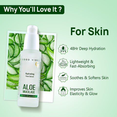 Good Vibes Aloe Mucilage Hydrating Serum | 48-Hour Deep Hydration | Soft & Moisturized Skin | Natural Mucin Alternative for Healthy Skin | Reduces Signs of Aging | Perfect for Skin & Hair | 50 ml