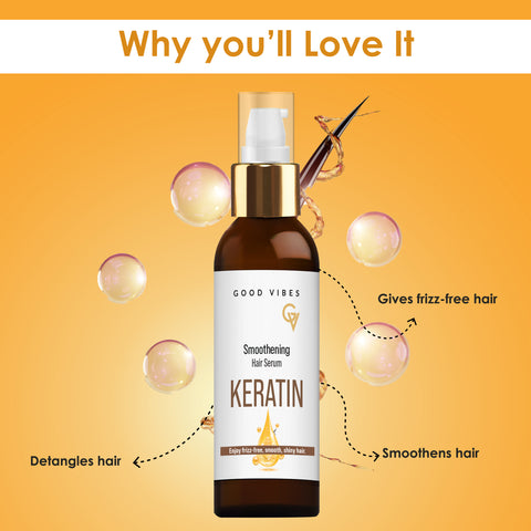 Good Vibes Keratin Smoothening Hair Serum with Keratin & Almond Oil | Reduces Frizz & Smoothens Hair | Adds Shine & Softness | Nourishing & Lightweight Formula | For Frizz-Free Silky Hair – 50 ml