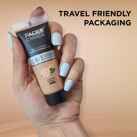 FACES CANADA All Day Hydra Matte Foundation (Mini) | 3IN1 Foundation + Moisturizer + SPF30 | 10HR Long Wear | Buildable Coverage | Warm Sand 15 ml