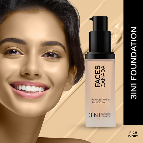 FACES CANADA Flawless Matte Foundation - Rich Ivory 013, 30 ml | 3-in-1 Foundation + Moisturizer + Concealer | 12 HR Hydration + SPF 18 | Full HD Matte Coverage | Lightweight | Anti Ageing