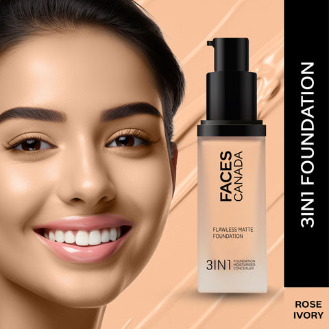 FACES CANADA Flawless Matte Foundation - Rose Ivory 011, 30 ml | 3-in-1 Foundation + Moisturizer + Concealer | 12 HR Hydration + SPF 18 | Full HD Matte Coverage | Lightweight | Anti Ageing