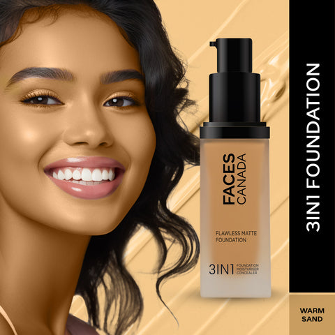 FACES CANADA Flawless Matte Foundation - Warm Sand 042, 30 ml | 3-in-1 Foundation + Moisturizer + Concealer | 12 HR Hydration + SPF 18 | Full HD Matte Coverage | Lightweight | Anti Ageing
