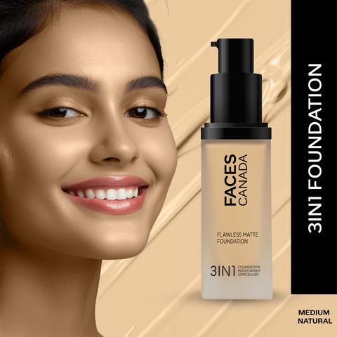 FACES CANADA Flawless Matte Foundation - Medium Natural 022, 30 ml | 3-in-1 Foundation + Moisturizer + Concealer | 12 HR Hydration + SPF 18 | Full HD Matte Coverage | Lightweight | Anti Ageing