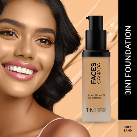FACES CANADA Flawless Matte Foundation - Soft Sand 041, 30 ml | 3-in-1 Foundation + Moisturizer + Concealer | 12 HR Hydration + SPF 18 | Full HD Matte Coverage | Lightweight | Anti Ageing