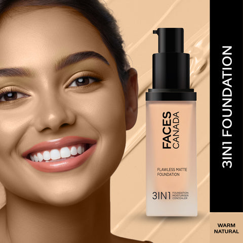 FACES CANADA Flawless Matte Foundation - Warm Natural 021, 30 ml | 3-in-1 Foundation + Moisturizer + Concealer | 12 HR Hydration + SPF 18 | Full HD Matte Coverage | Lightweight | Anti Ageing