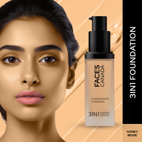 FACES CANADA Flawless Matte Foundation - Honey Beige 031, 30 ml | 3-in-1 Foundation + Moisturizer + Concealer | 12 HR Hydration + SPF 18 | Full HD Matte Coverage | Lightweight | Anti Ageing