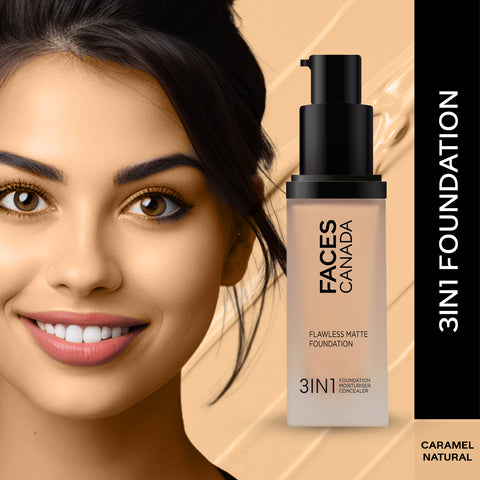 FACES CANADA Flawless Matte Foundation - Caramel Natural 023, 30 ml | 3-in-1 Foundation + Moisturizer + Concealer | 12 HR Hydration + SPF 18 | Full HD Matte Coverage | Lightweight | Anti Ageing