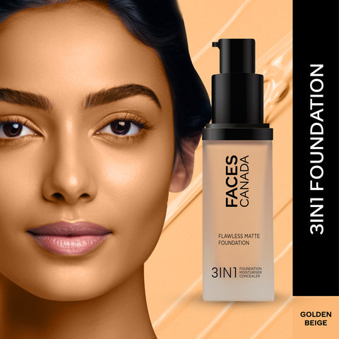FACES CANADA Flawless Matte Foundation - Golden Beige 032, 30 ml | 3-in-1 Foundation + Moisturizer + Concealer | 12 HR Hydration + SPF 18 | Full HD Matte Coverage | Lightweight | Anti Ageing