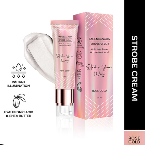 FACES CANADA Strobe Cream - Rose Gold, 30 ml | With Shea Butter & Hyaluronic Acid | Intense Hydration | Dewy Skin | Illuminating & Glowing Makeup Base