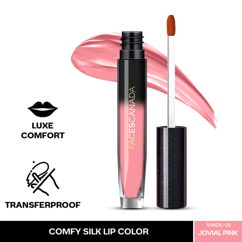 FACES CANADA Comfy Silk Liquid Lipstick - Jovial Pink 05, 3 ml | Satin Matte HD Finish | Luxe Comfort | Longlasting | No Dryness | Smooth Texture | Mulberry Oil & Shea Butter For Plump Hydrated Lips