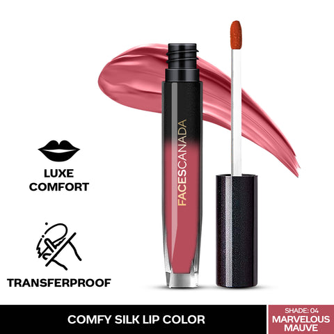 FACES CANADA Comfy Silk Liquid Lipstick - Marvelous Mauve, 3 ml | Satin Matte HD Finish | Luxe Comfort | Longlasting | No Dryness | Smooth Texture | Mulberry Oil & Shea Butter For Plump Hydrated Lips