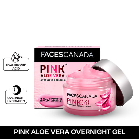 FACES CANADA Pink Aloe Vera Overnight Replenish Gel, 50 gm | Hyaluronic Acid & Vitamin E | Intense Hydration | Lightweight, Non Sticky & Absorbs Easily | Anti-Ageing, Nourishing & Skin Tightening