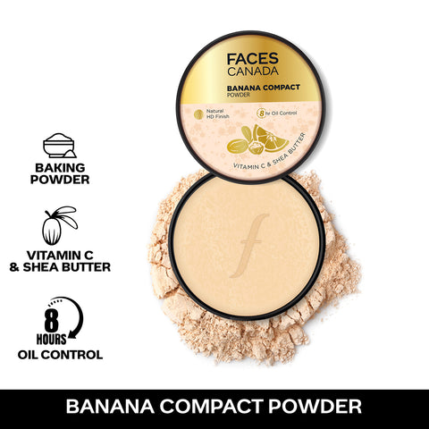 FACES CANADA Banana Compact Powder 9 gm | 8HR Oil Control Complexion Enhancer | Smooth Matte HD Finish | Lightweight Translucent Powder Sets Makeup | Blurs & Conceals | Radiant Flawless Skin | Vitamin C