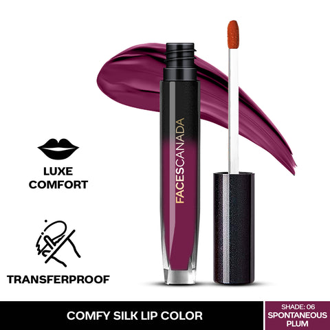 FACES CANADA Comfy Silk Liquid Lipstick - Spontaneous Plum, 3 ml | Satin Matte HD Finish | Luxe Comfort | Longlasting | No Dryness | Smooth Texture | Mulberry Oil & Shea Butter For Plump Hydrated Lips