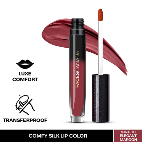 FACES CANADA Comfy Silk Liquid Lipstick - Elegant Maroon 08, 3 ml | Satin Matte HD Finish | Luxe Comfort | Longlasting | No Dryness | Smooth Texture | Mulberry Oil & Shea Butter For Plump Hydrated Lips